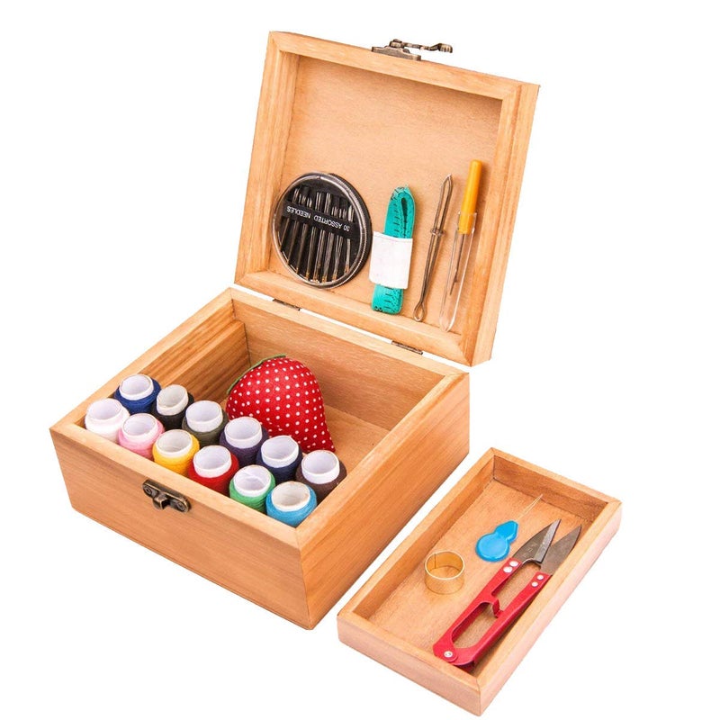 BTU Sewing Kit, Wooden Sewing Kit Box for Adults, Wooden Sewing Basket with Accessories, Home Sewing Basket Stitching Repair Kit for Beginner, Women, Men (Brown) - Image 4